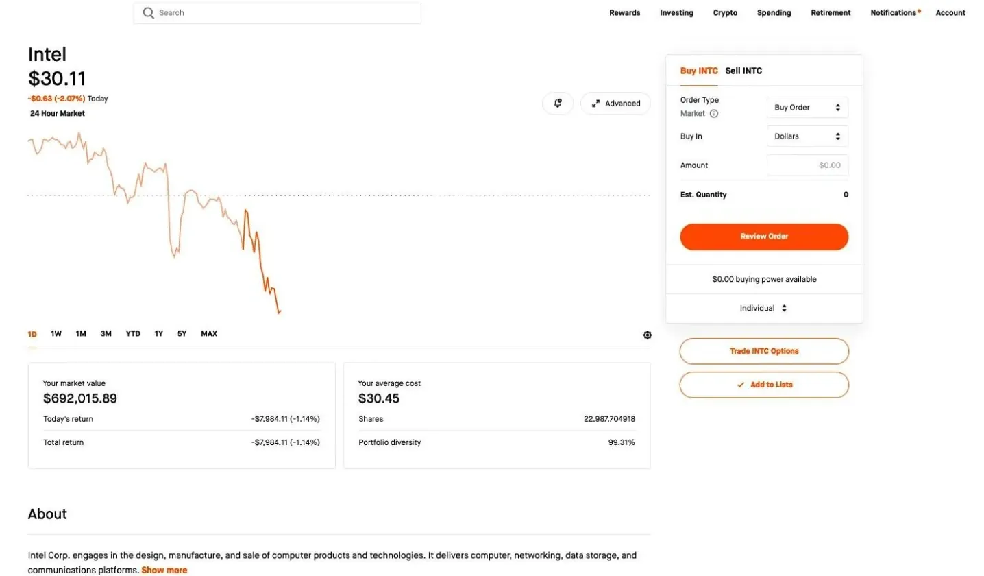 Screenshot de l'achat des actions Intel
